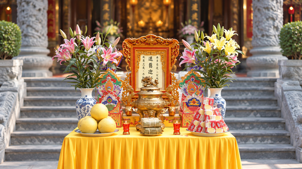 Taoist funeral altar with flowers, fruit, incense burner and traditional offerings