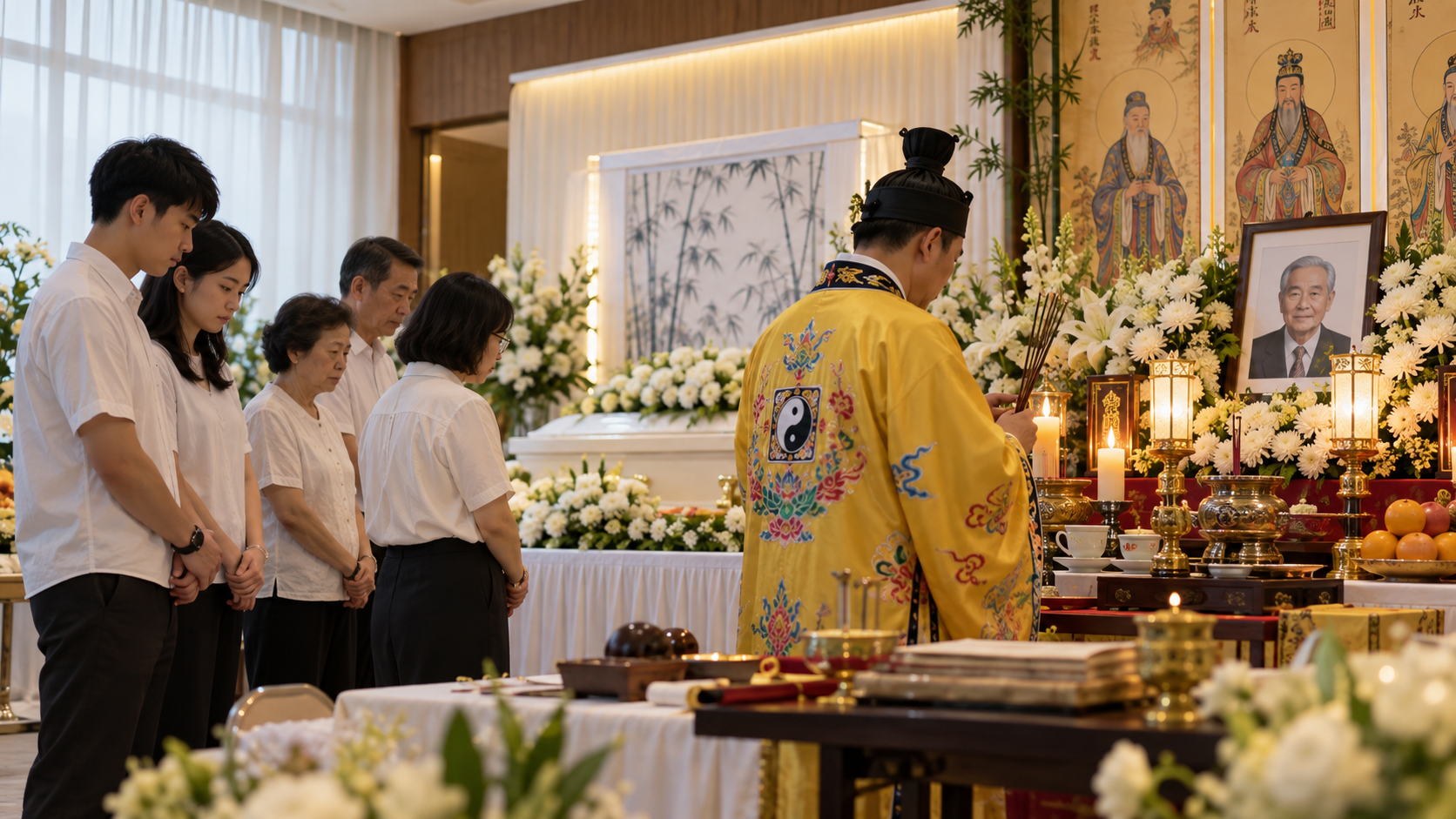 Singaporean Chinese family attending a Taoist funeral wake in Singapore